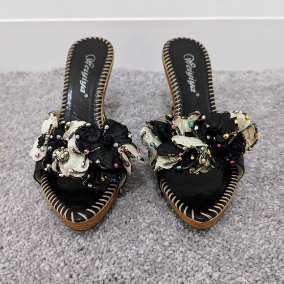 Black Wooden Floral Heels - Picture 2 of 5